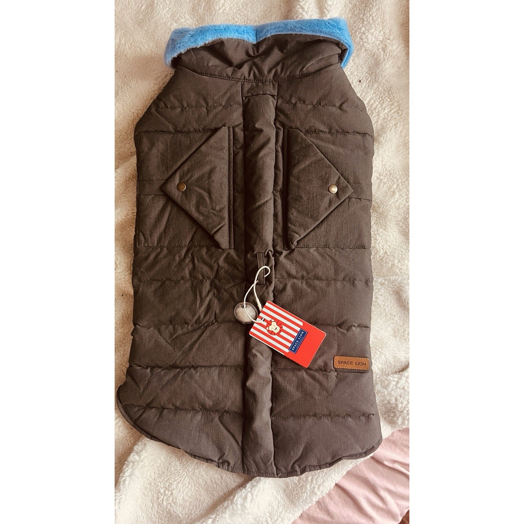 SPACE LION Puffer Dog Jacket Winter Warm Blue Fur Trimmed grey/blue - 2XL NWT!