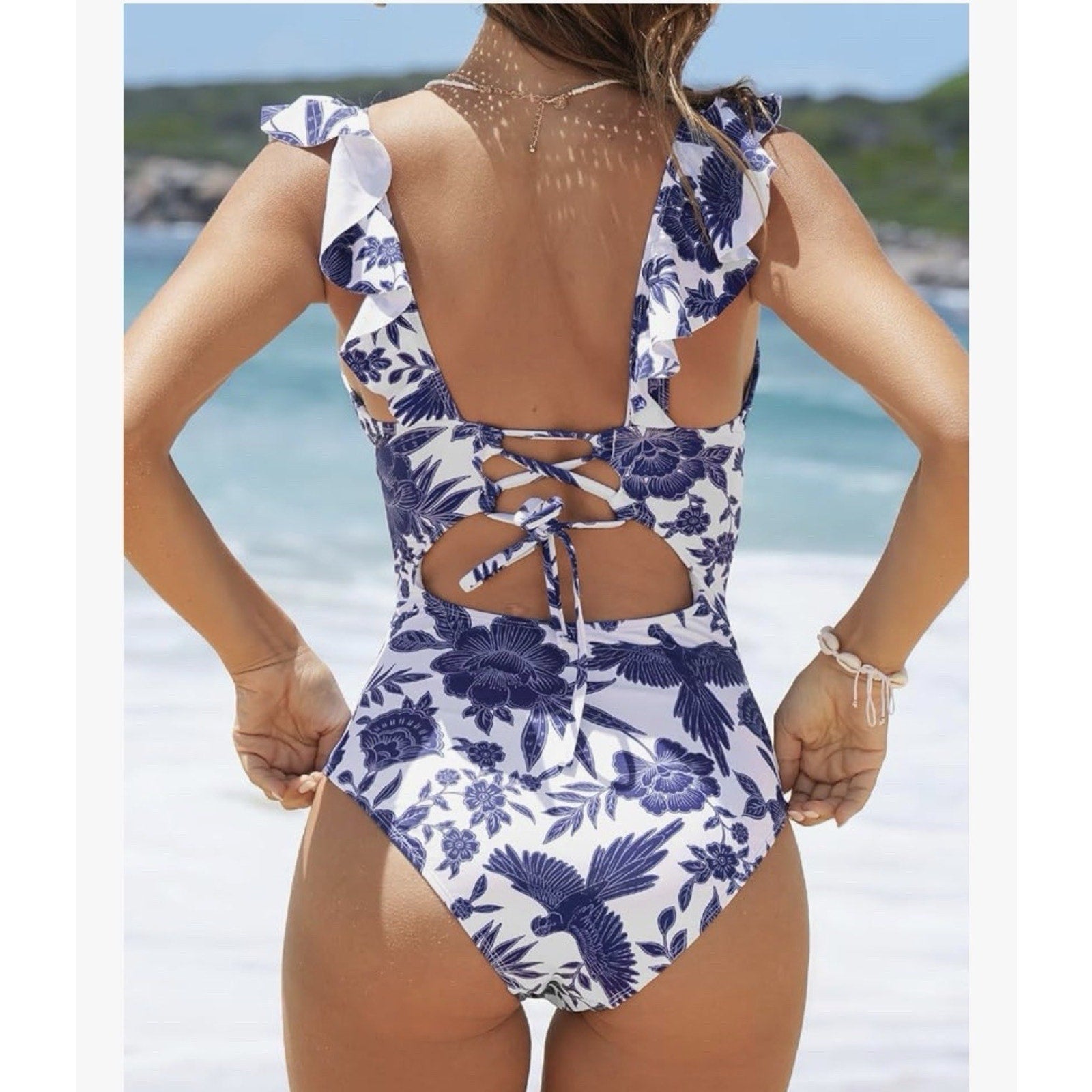Cupshe Women's L Ruffled Lace Up One Piece Swimsuit Blue/white Floral