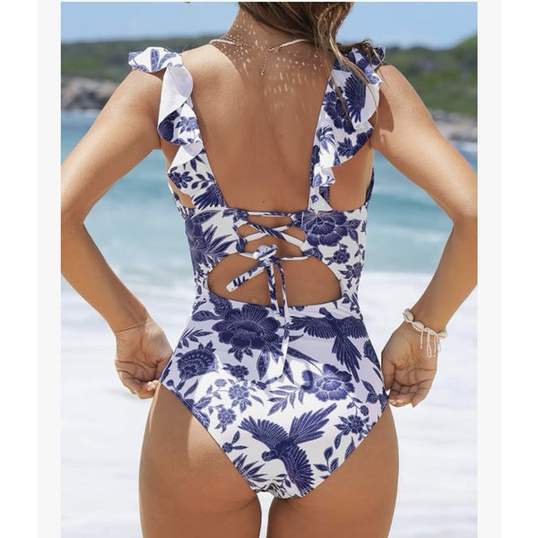 Cupshe Women's L Ruffled Lace Up One Piece Swimsuit Blue/white Floral