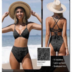 NWT Cupshe Black Floral Bikini Set High Waisted Lace-Up Two Piece Swimsuit M