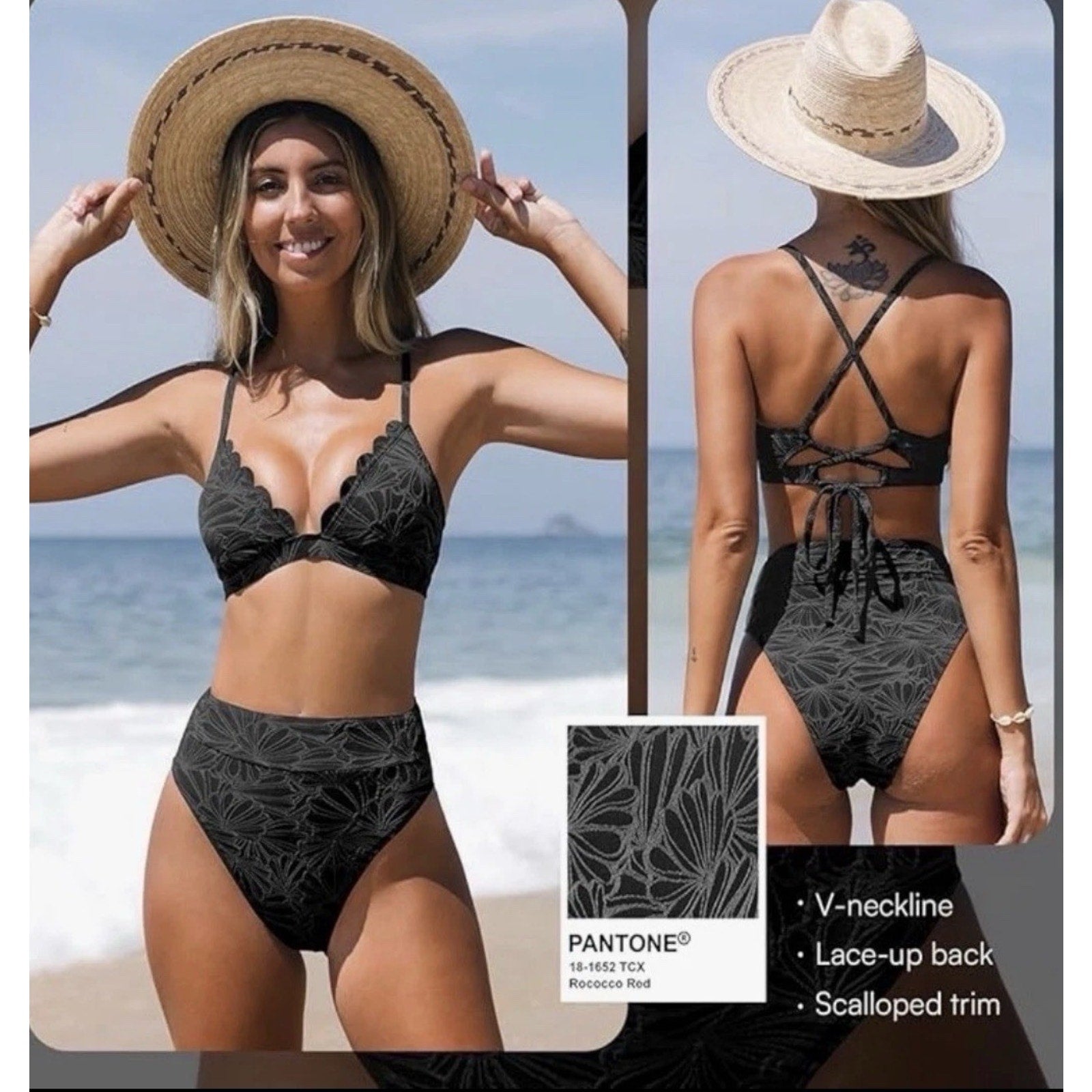 NWT Cupshe Black Floral Bikini Set High Waisted Lace-Up Two Piece Swimsuit M