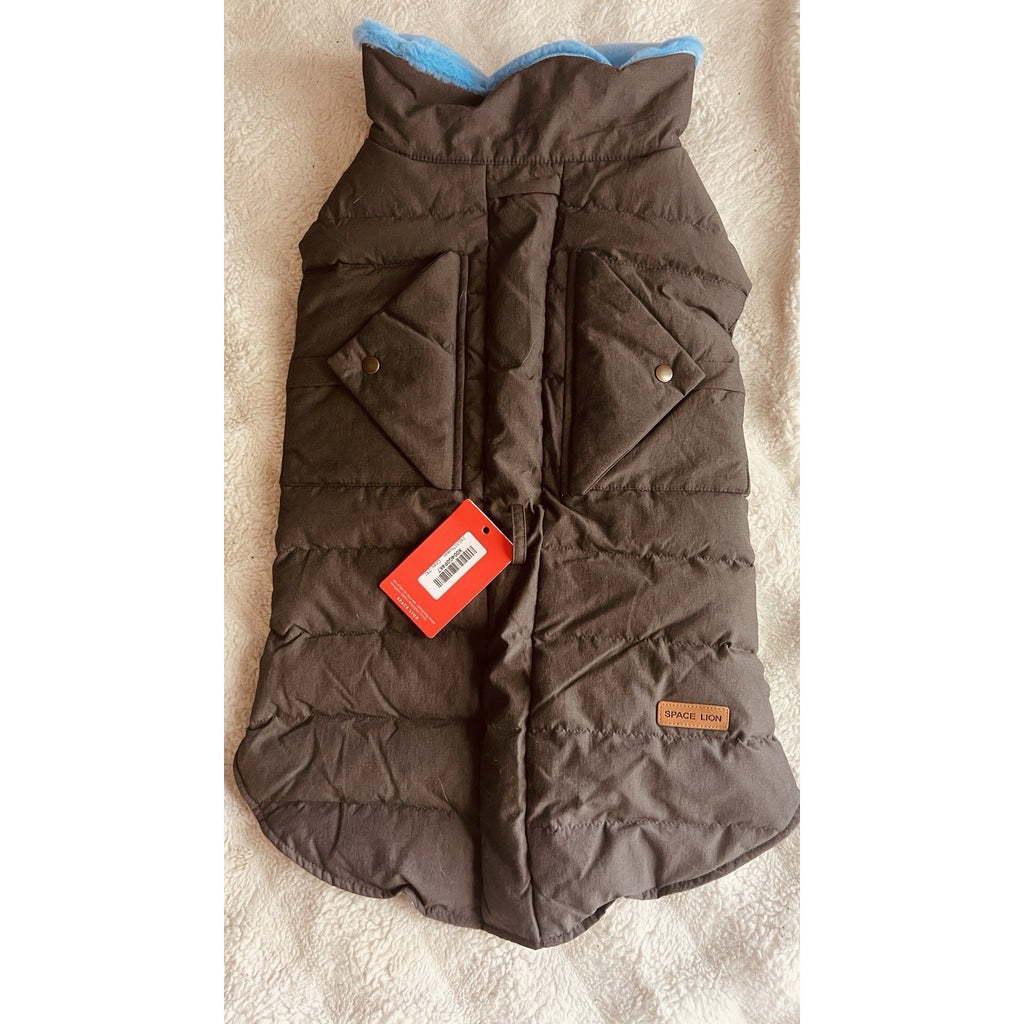 SPACE LION Puffer Dog Jacket Winter Warm Fur Trimmed Brown/Blue - XL NWT!