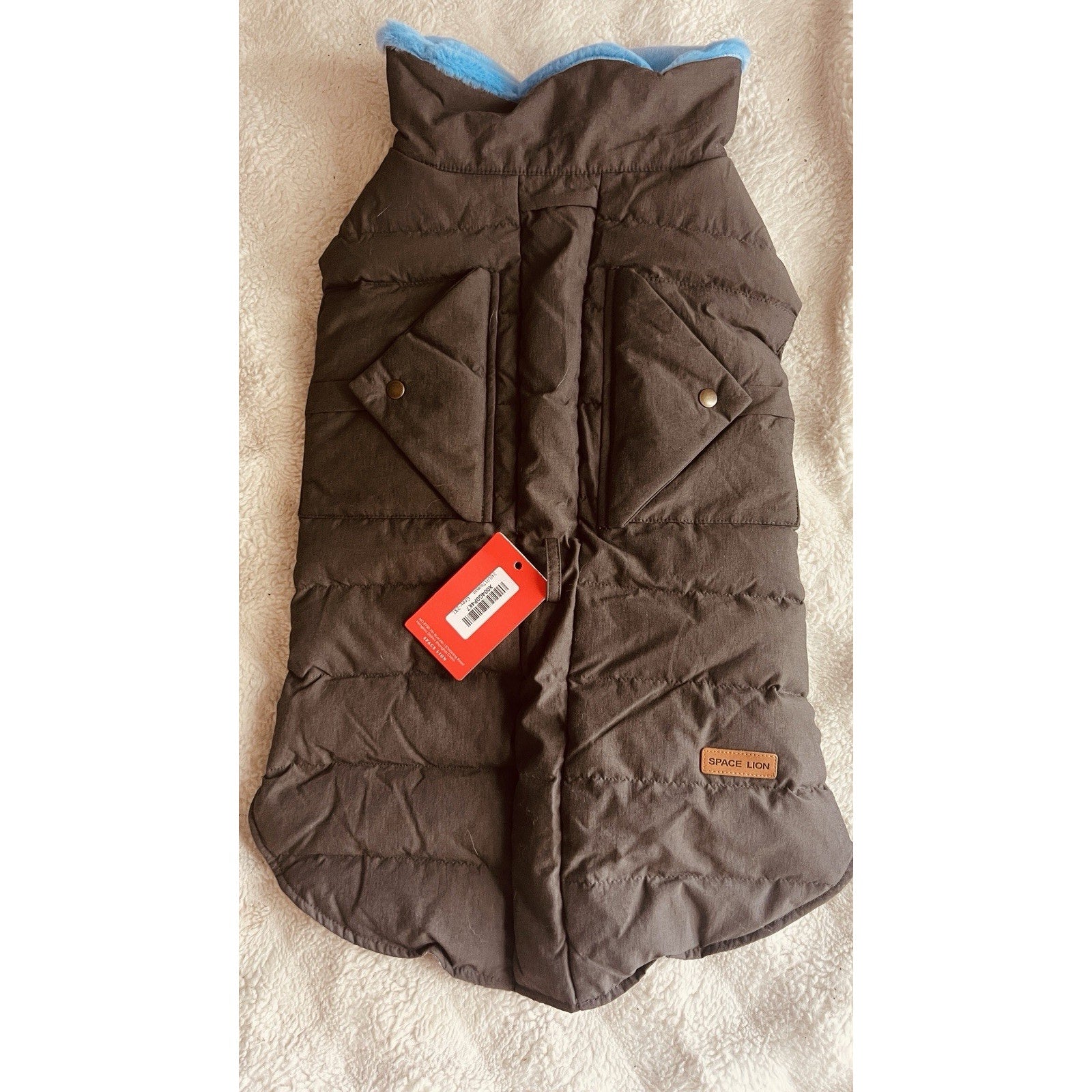 SPACE LION Puffer Dog Jacket Winter Warm Fur Trimmed Brown/Blue - XL NWT!