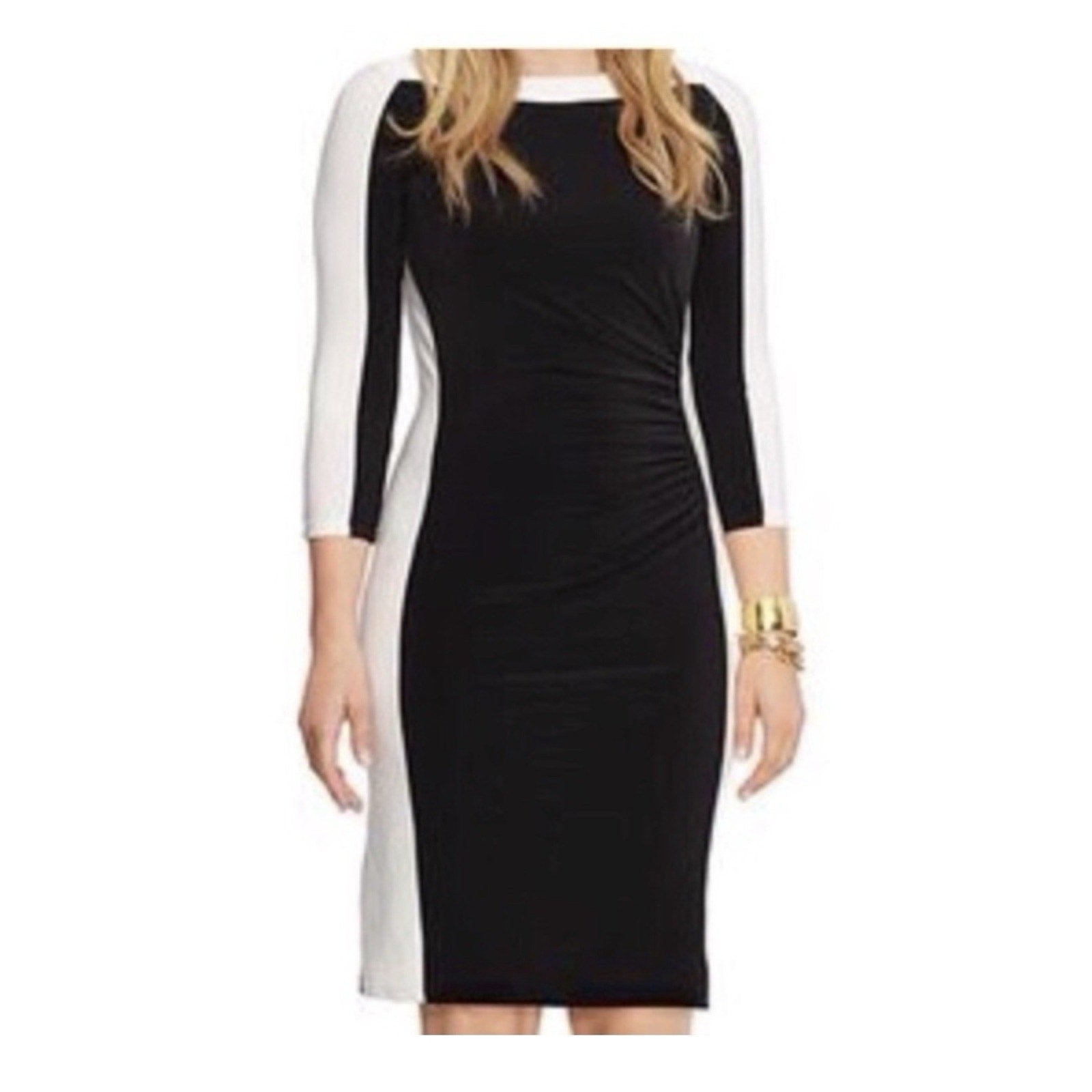 Lauren Ralph Lauren Dress Black & White Ruched Side Size 14 Long Sleeve