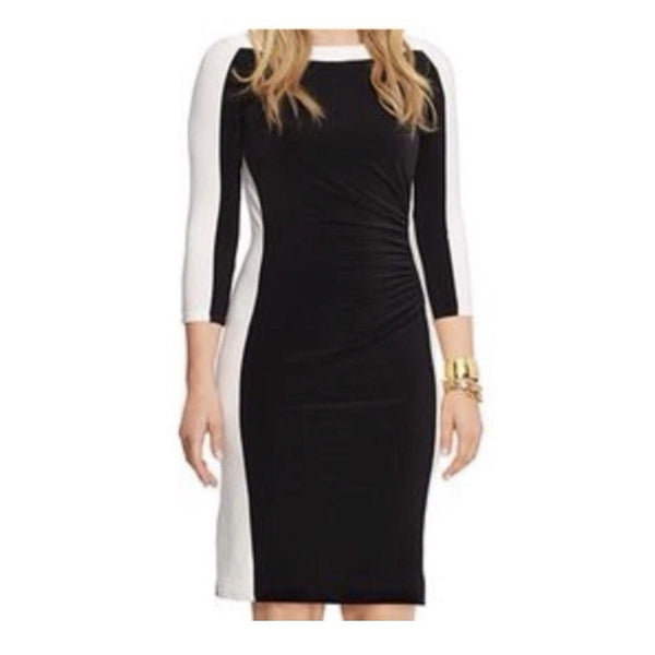 Lauren Ralph Lauren Dress Black & White Ruched Side Size 14 Long Sleeve