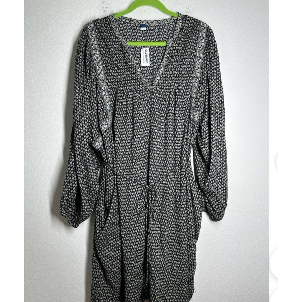 NWT Old Navy Dress Womens Floral Boho Peasant Short Sleeve Tassel Tie Dress L