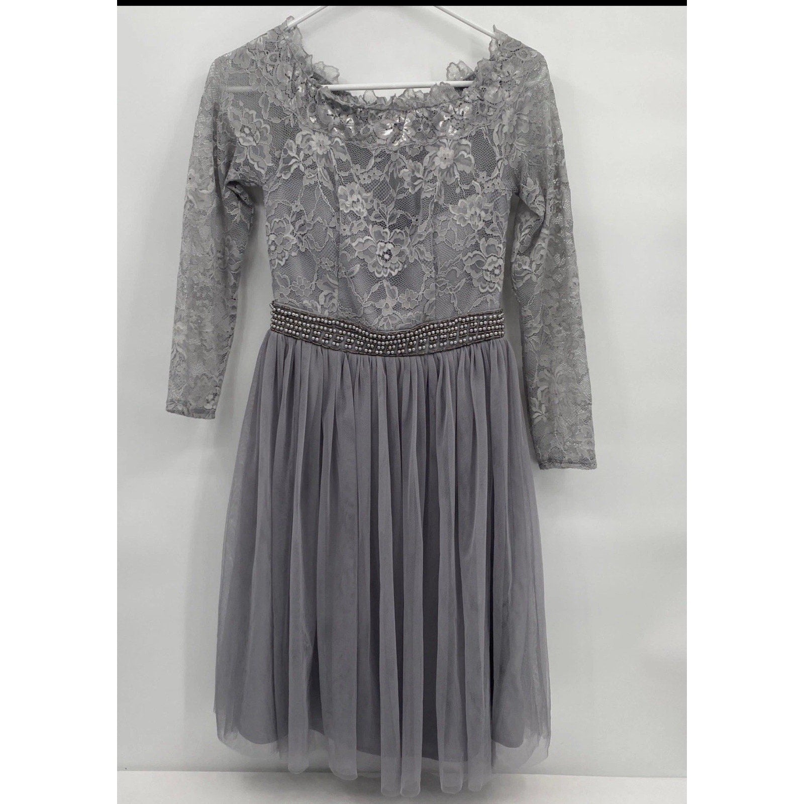 Little Mistress Lace Top Lavender Silver Long Sleeve Knee Length Dress US 18