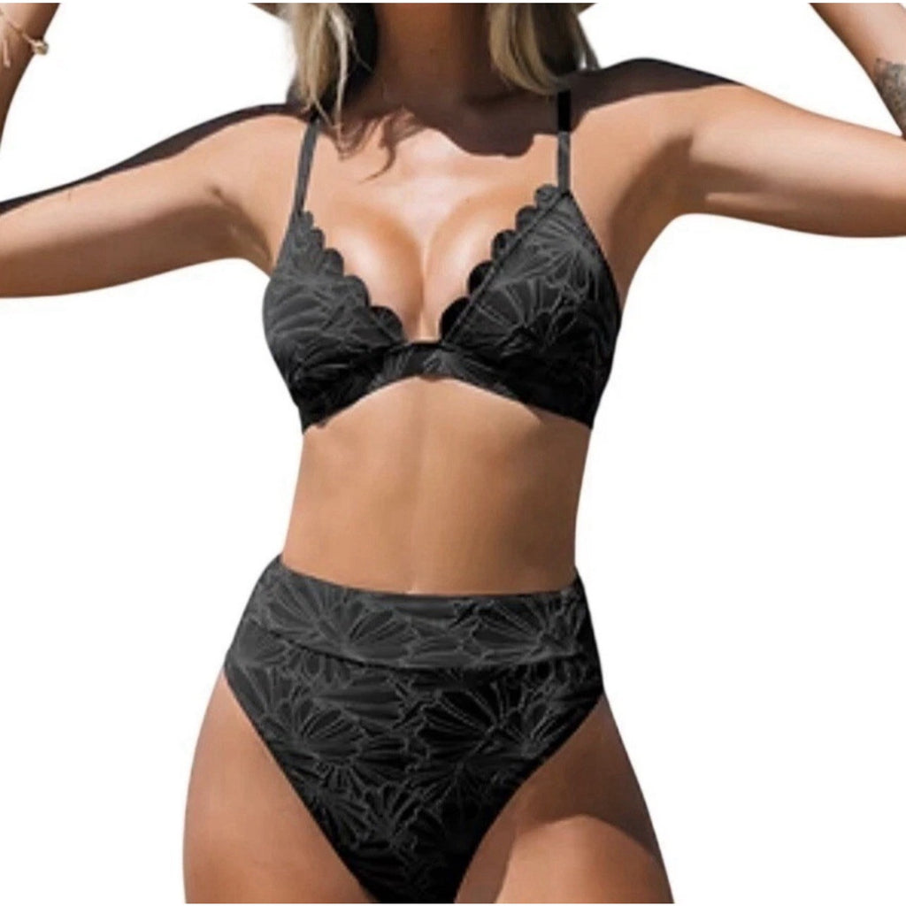 NWT Cupshe Black Floral Bikini Set High Waisted Lace-Up Two Piece Swimsuit M