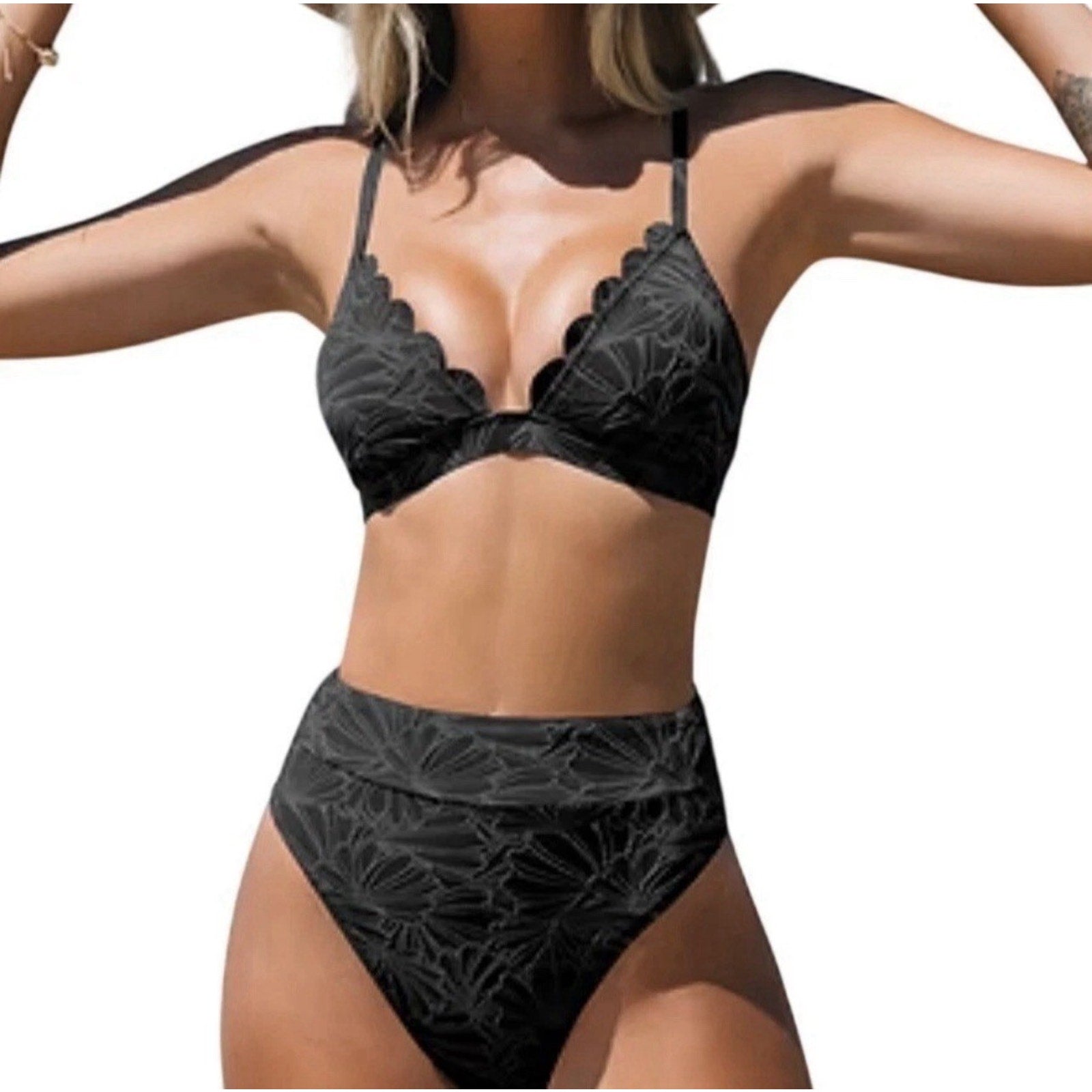 NWT Cupshe Black Floral Bikini Set High Waisted Lace-Up Two Piece Swimsuit M