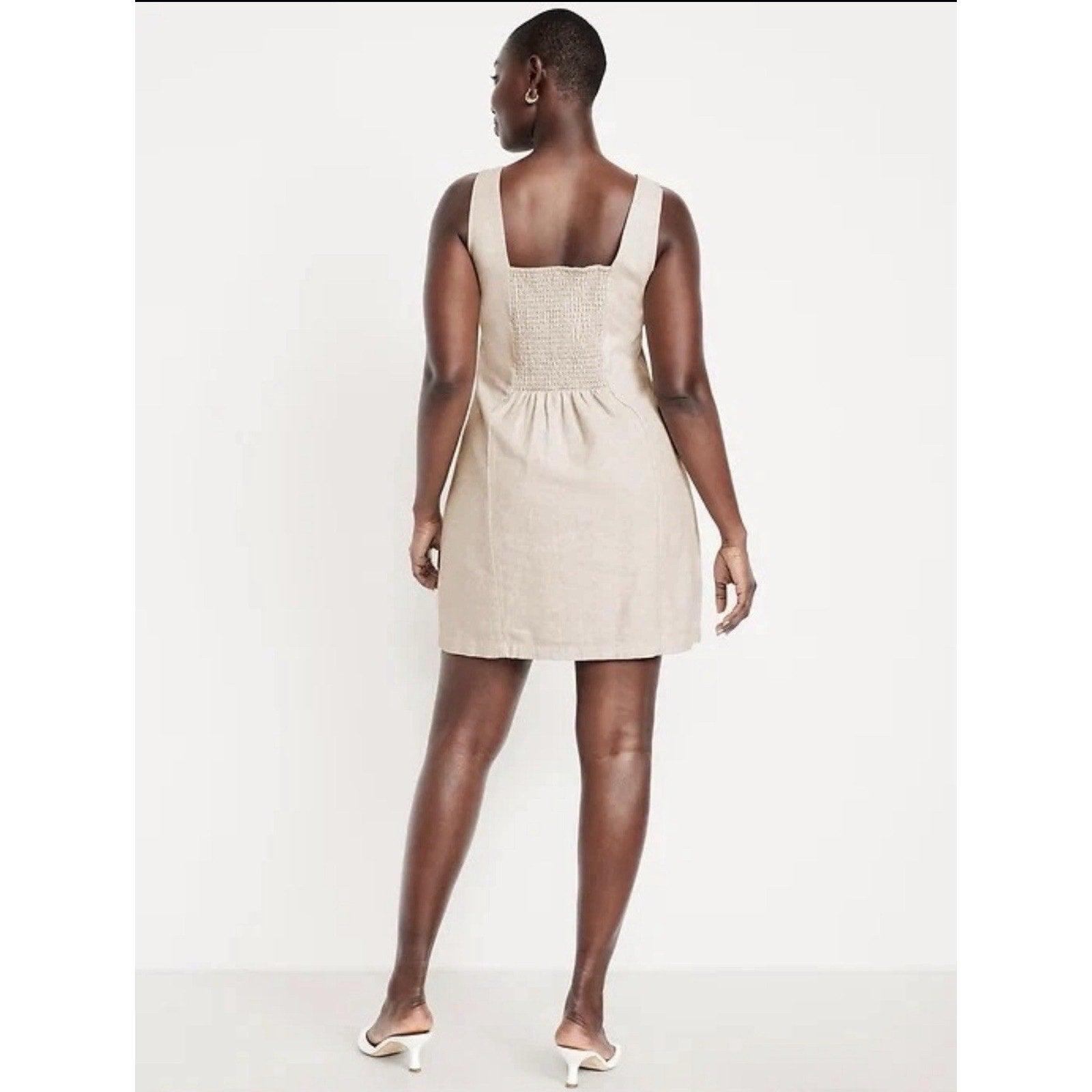 Old Navy Linen Blend Mini Dress WHITE Smocked Back Sleeveless Large Tall NEW