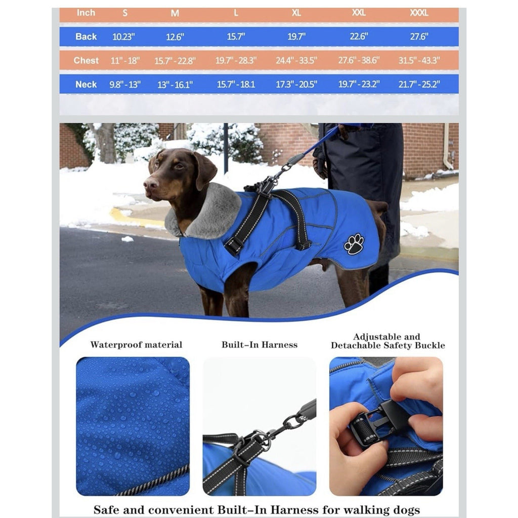 Dog Coat w/Harness, Reflective Warm Dog Jacket Waterproof Puppy Winter MED Blue