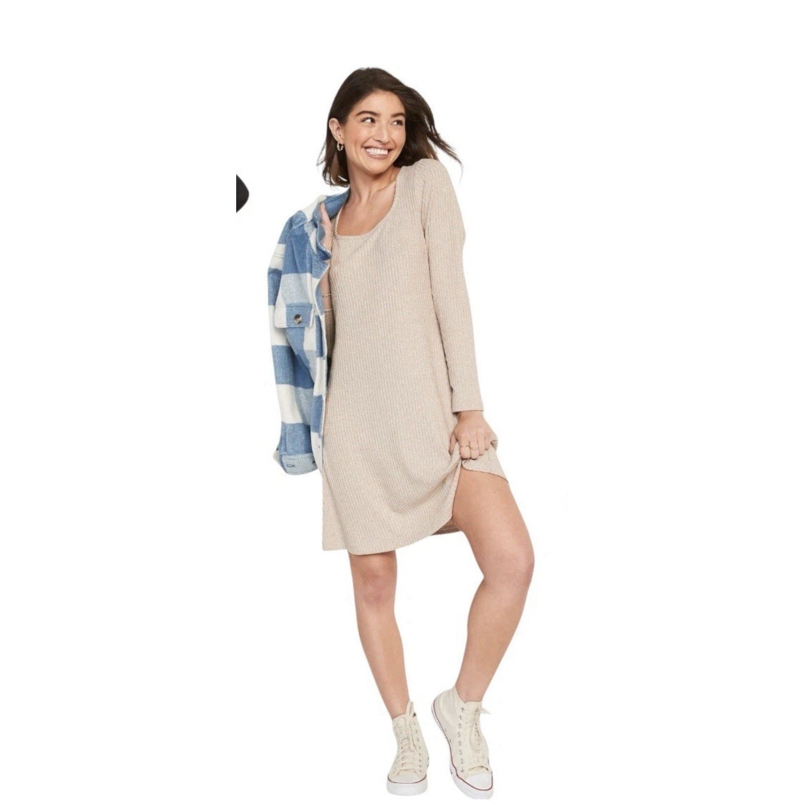 Old Navy Women's Scoop Neck Fit & Flare Rib-Knit Long Sleeve Mini Dress NWT