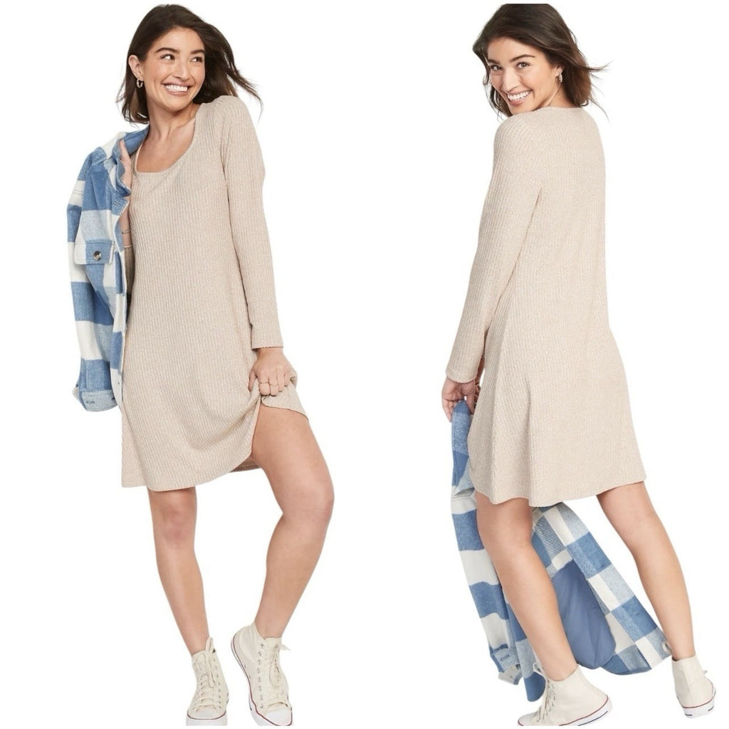 Old Navy Women's Scoop Neck Fit & Flare Rib-Knit Long Sleeve Mini Dress NWT