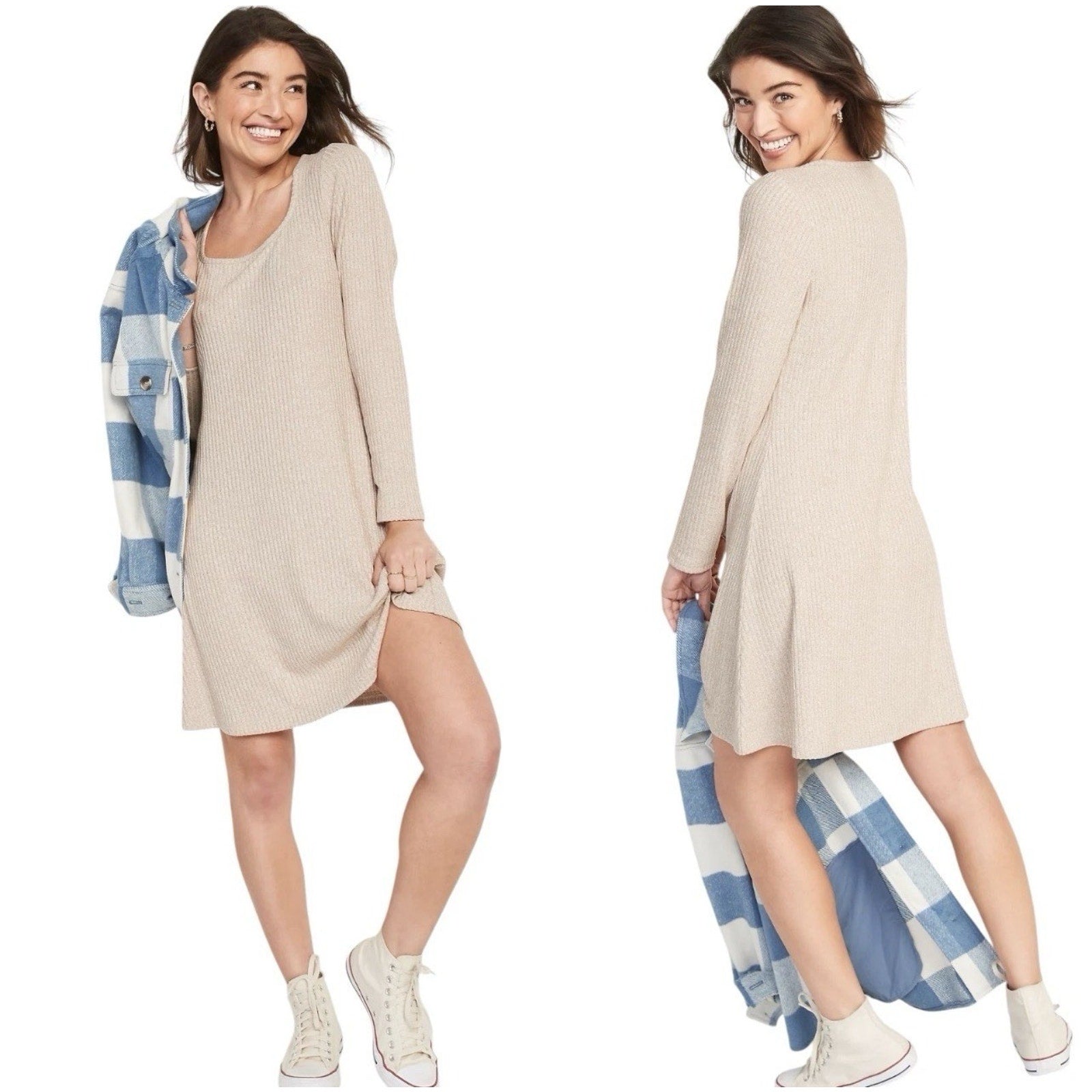 Old Navy Women's Scoop Neck Fit & Flare Rib-Knit Long Sleeve Mini Dress NWT